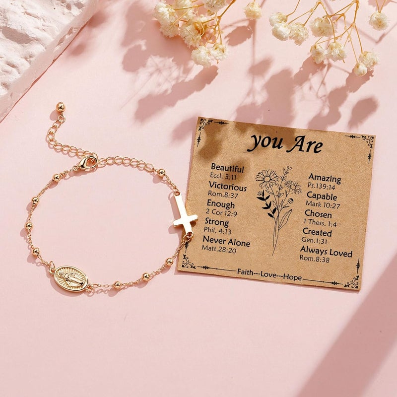 VULETO Catholic Virgin Mary Cross Bracelet Gifts for Girls Teens Women, Rosary Beads Charm Link Chain Bracelet Christmas Christian Religious Jewelry Gifts - Image 3